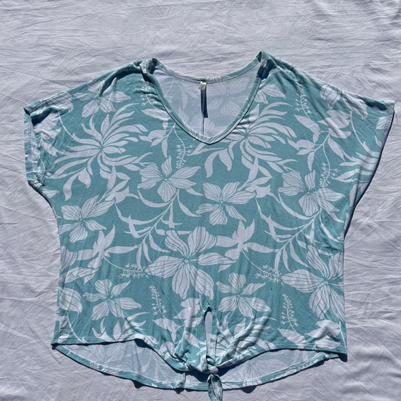 Acting Pro Tops - Floral Teal and White Tie-Front Top